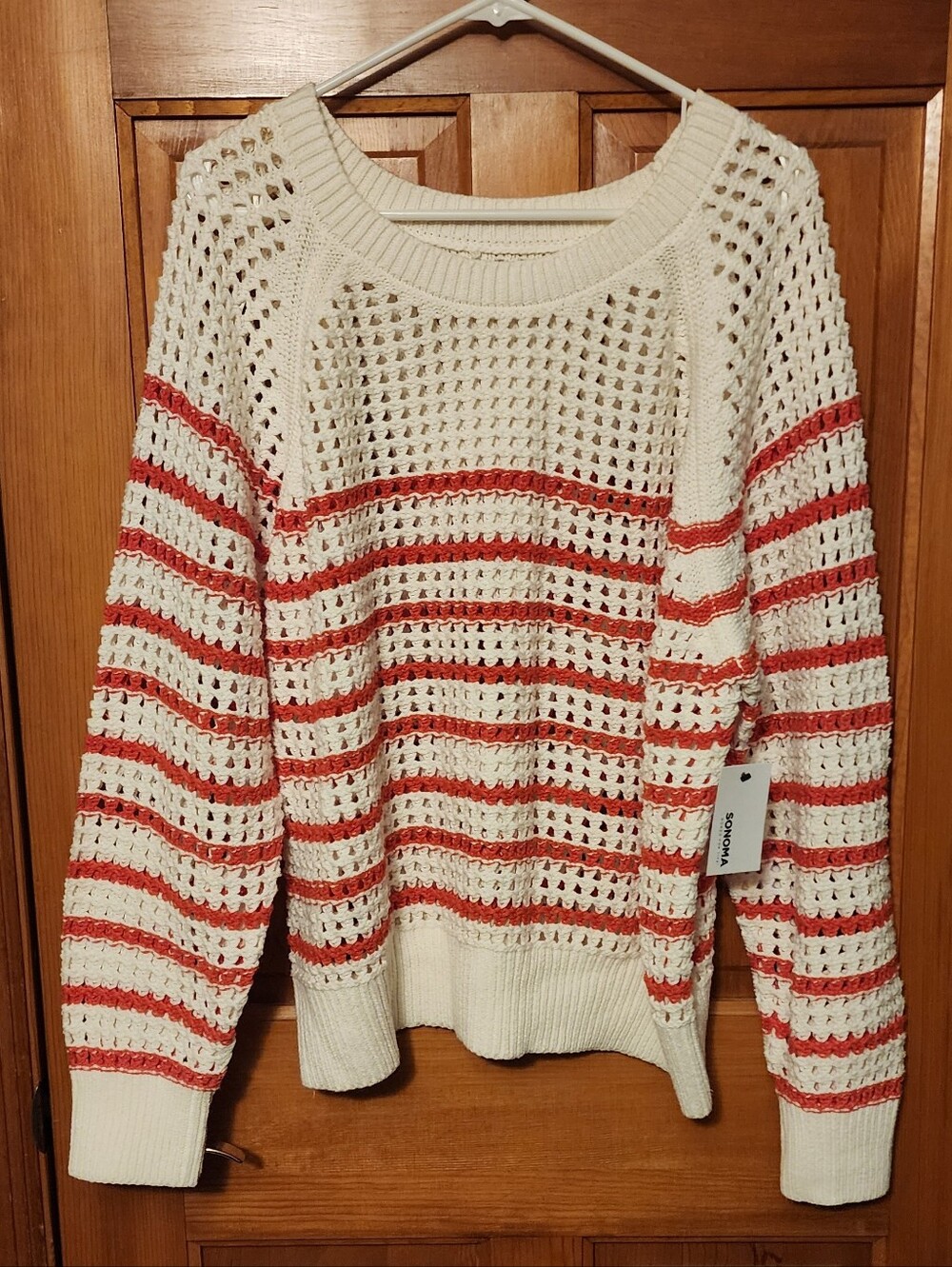 Sonoma Cream and Red Open-Knit Striped Crewneck Sweater